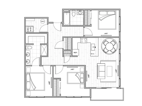 architectural floorplan drawing of an apartment with living room and bedrooms at Lotus Gallacher luxury apartments for rent in Salt Lake City, UT